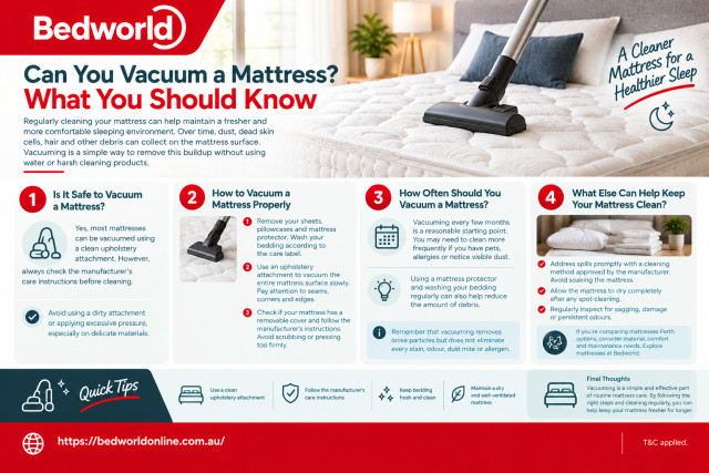 Can You Vacuum a Mattress? What You Should Know Learn how vacuuming your mattress can help remove dust, dirt, and loose debris to maintain a cleaner and more comfortable sleeping environment. Discover simple mattress cleaning tips and precautions to help care for your mattress.