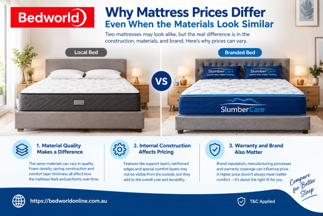 Mattress prices can differ even when materials look similar. Factors such as material quality, foam density, spring construction and comfort layers can affect the overall cost. Brand, manufacturing processes and warranty coverage may also influence prici